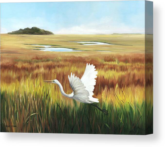 Egret Canvas Print featuring the painting Egret In Flight by Glenda Cason