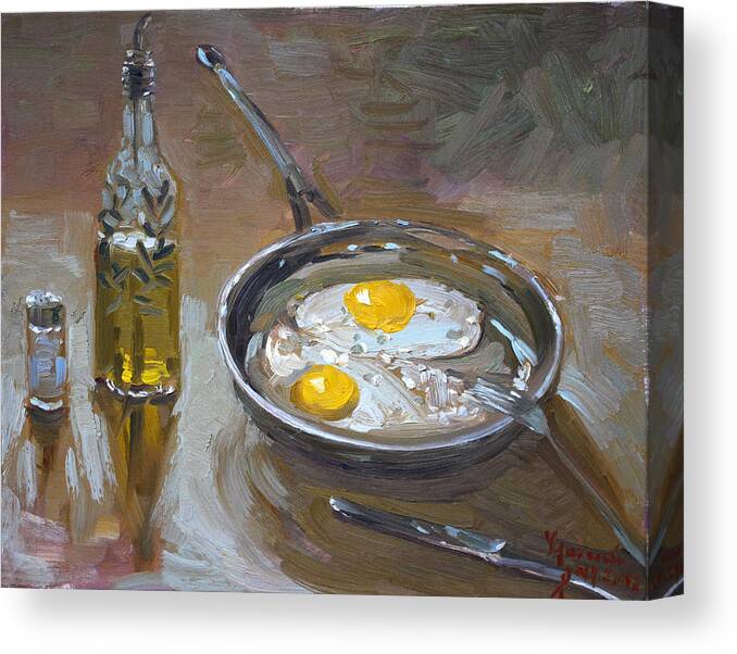Fried Eggs Canvas Print featuring the painting Fried Eggs by Ylli Haruni