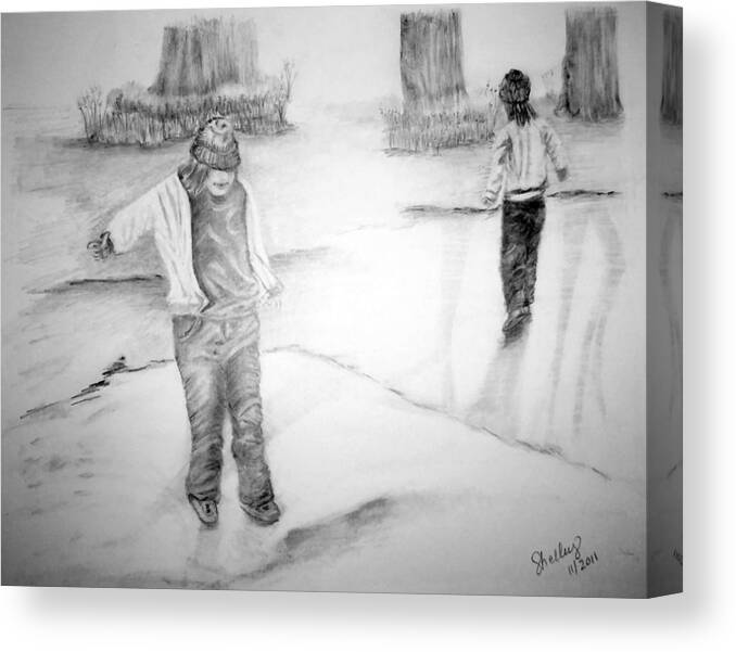 Children Canvas Print featuring the drawing Fun on the ice by Shelley Bain