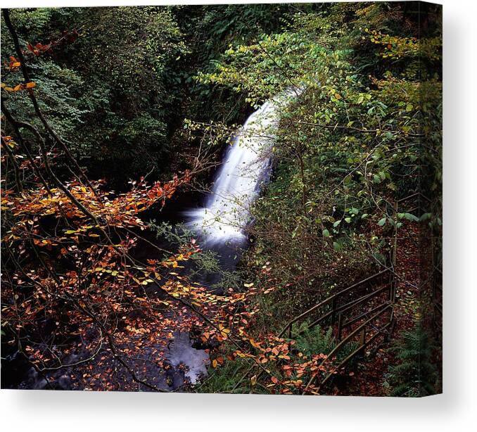 Church Canvas Print featuring the photograph High Angle View Of A Waterfall, Glenoe by The Irish Image Collection 