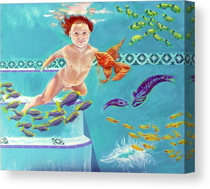  Canvas Print featuring the painting Jeannie as a baby swimming as a fish by Nancy Tilles