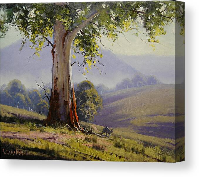 Gum Tree Canvas Print featuring the painting Kangaroo and Gums by Graham Gercken