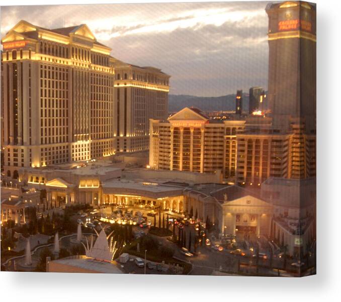 Caesar's Palace Las Vegas Nevada Night Photography Architecture Travel Location Large Living Room Art View From Flamingo Hotel Casino Gamblers Paradise Overlooking The Strip City That Never Sleeps Soft Beige Golden Glow Peaceful Digital Canvas Print featuring the photograph New Old World Caesar's Palace by Dawn Bonner