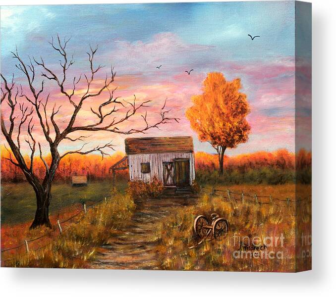 Old Barn Canvas Print featuring the painting Old Barn Painting at Sunset by Judy Filarecki