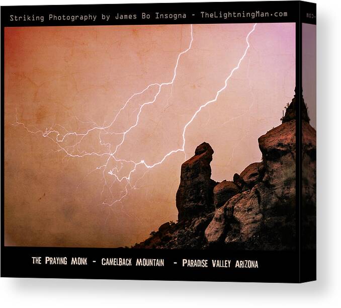 'praying Monk' Canvas Print featuring the photograph Praying Monk Camelback Mountain Lightning Monsoon Storm Image TX by James BO Insogna