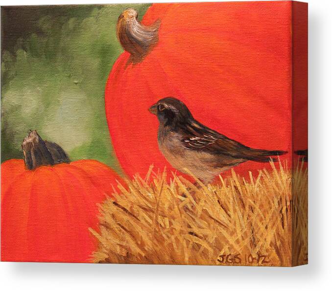 Sparrow Canvas Print featuring the painting Pumpkins and Sparrow by Janet Greer Sammons