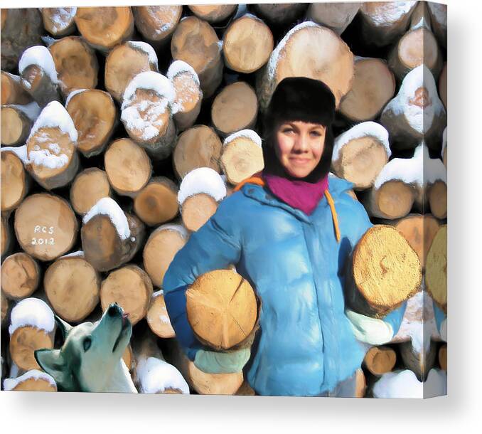 Maine Winter Country Woodpile Woman Canvas Print featuring the digital art Ready Lady by Richard Stevens
