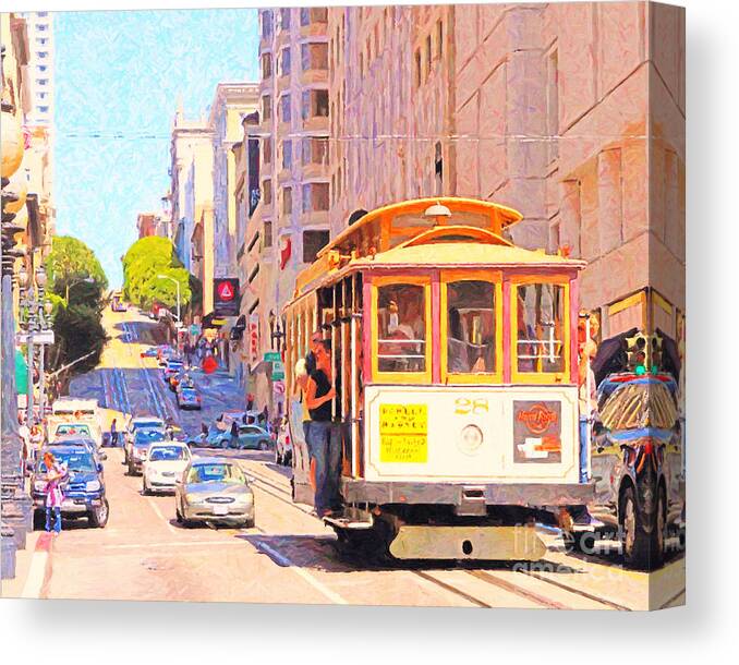 Wingsdomain Canvas Print featuring the photograph San Francisco Cablecar Coming Down Powell Street by Wingsdomain Art and Photography
