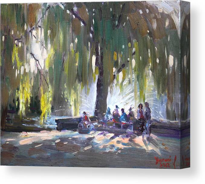 Lake Shore Canvas Print featuring the painting Sunday Afternoon by the Fontain by Ylli Haruni