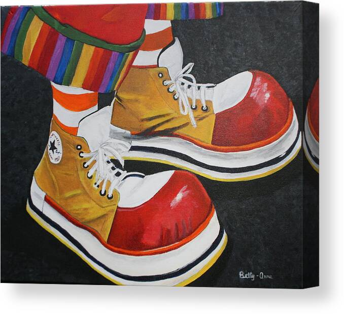 Clown Canvas Print featuring the painting Waffle's shoes by Betty-Anne McDonald