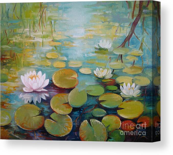 Lily Canvas Print featuring the painting Water lilies on the pond by Elena Oleniuc