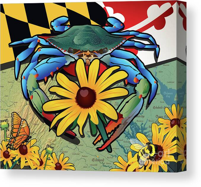Maryland Canvas Print featuring the digital art Blue Crab Maryland Black-Eyed Susan #1 by Joe Barsin