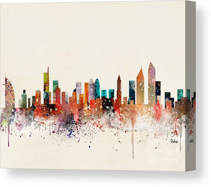 Dubai United Arab Emirates City Skyline Canvas Print featuring the painting Dubai Skyline #1 by Bri Buckley