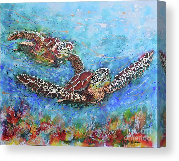 Marine Turtles Canvas Print featuring the painting Gliding Turtles by Jyotika Shroff