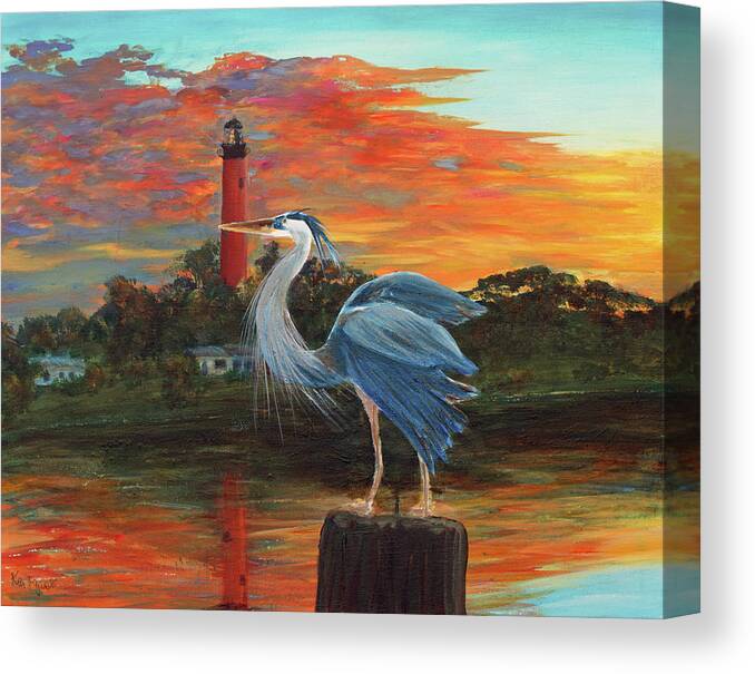 Delray Canvas Print featuring the painting Jupiter Lighthouse Sunrise Great Blue Heron by Ken Figurski
