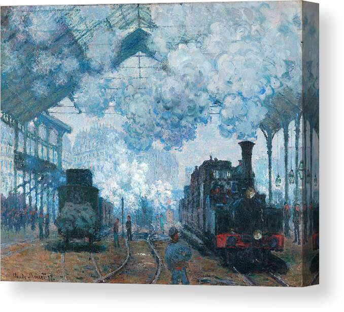 Trains Canvas Print featuring the painting The Gare Saint-Lazare Arrival of a Train #1 by Claude Monet