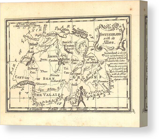 Switzerland Canvas Print featuring the drawing 1774 Switzerland Antique Map by Reynold Jay