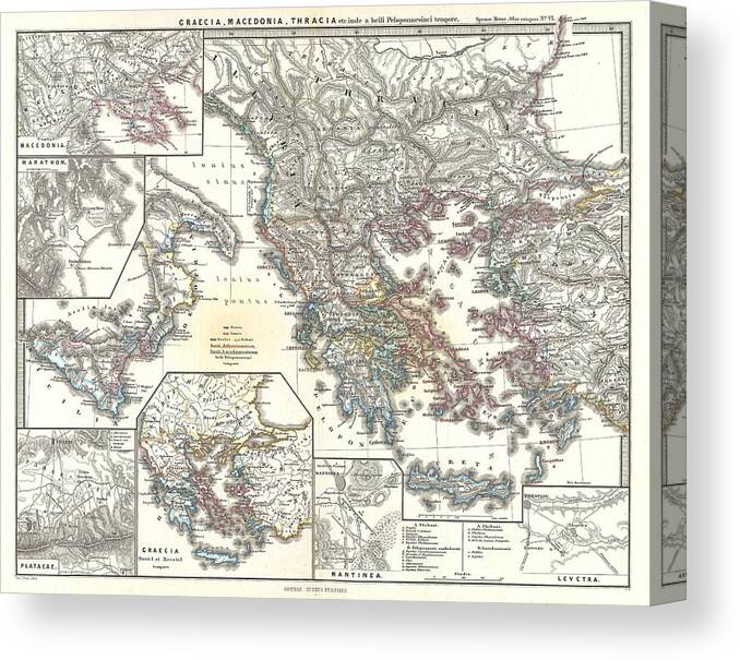  Canvas Print featuring the photograph 1865 Spruner Map of Greece, Macedonia and Thrace before the Peloponnesian War by Paul Fearn