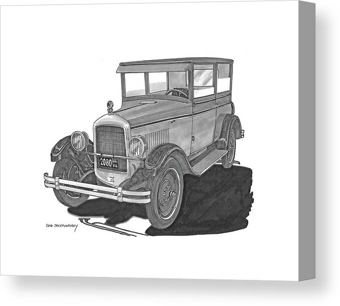 You Are Viewing A Pen & Ink Drawing Of A 1925 Jewett Five-passenger Deluxe Touring Car By Jack Pumphrey Canvas Print featuring the painting 1925 Jewett 2 door touring sedan by Jack Pumphrey