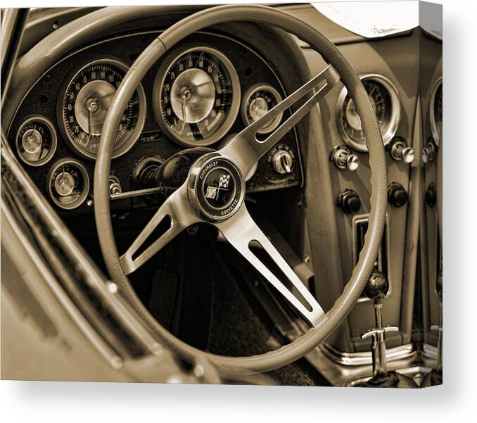 1963 Canvas Print featuring the photograph 1963 Chevrolet Corvette Steering Wheel - Sepia by Gordon Dean II