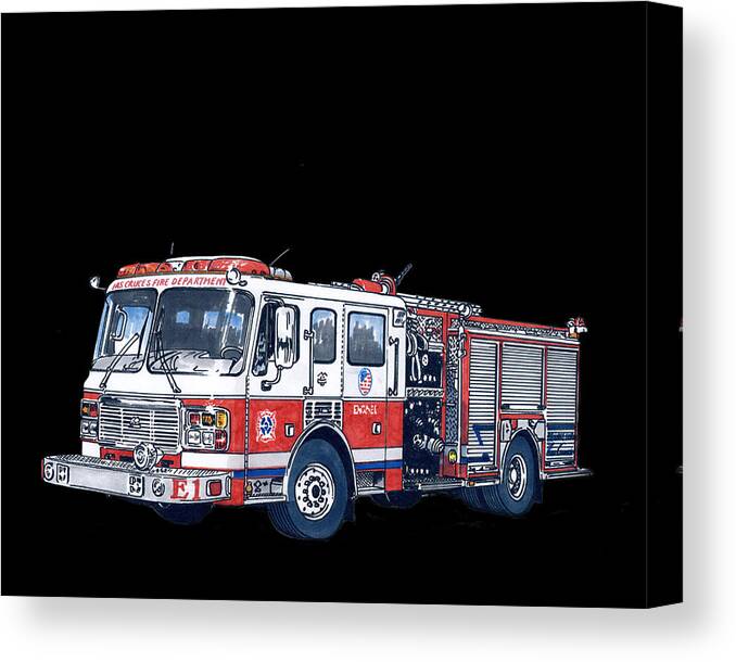 Colored Pencil Drawing Of Firetrucks Canvas Print featuring the painting 1997 American La France Pumper by Jack Pumphrey