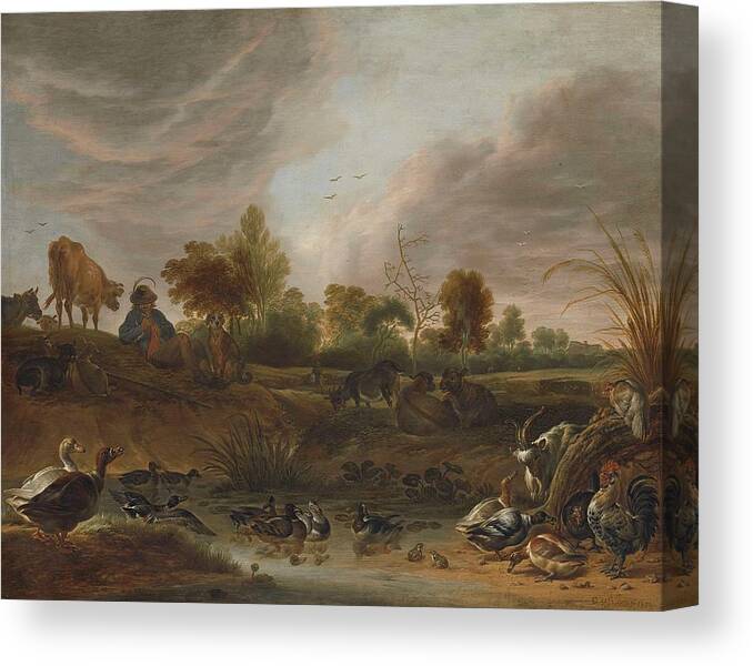 Landscape With Animals Canvas Print featuring the painting Landscape With Animals by Cornelis Saftleven