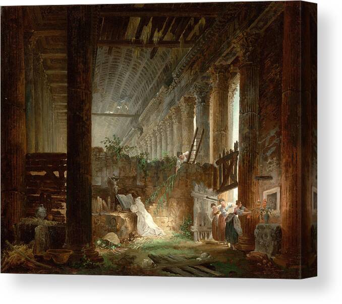 Hubert Robert Canvas Print featuring the painting A Hermit Praying in the Ruins of a Roman Temple #5 by Hubert Robert