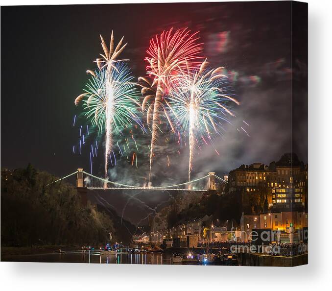 Fireworks Canvas Print featuring the photograph Clifton Suspension Bridge fireworks #5 by Colin Rayner