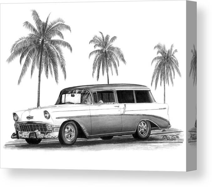 1957 Chevrolet Wagon Canvas Print featuring the drawing 56 Chevy Wagon by Peter Piatt