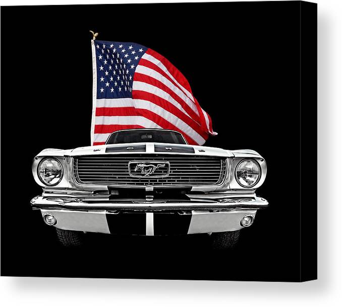 Ford Mustang Canvas Print featuring the photograph 66 Mustang With U.S. Flag On Black by Gill Billington