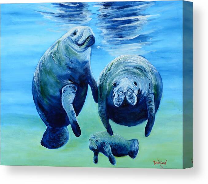Manatee Canvas Print featuring the painting A Manatee Family by Lloyd Dobson