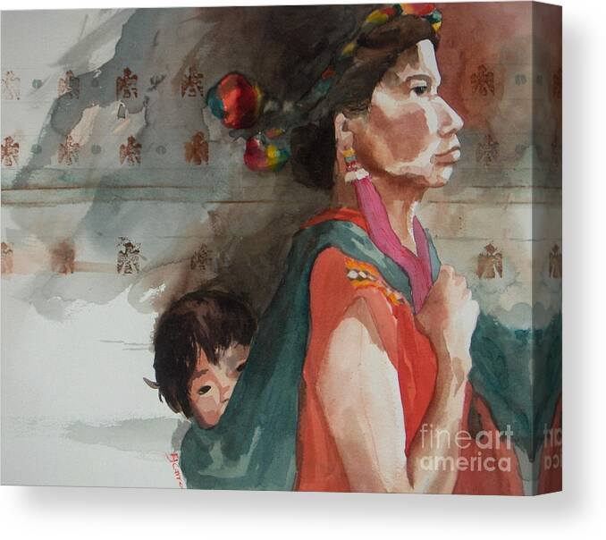 A Native Guatemalan Mother And Child Canvas Print featuring the painting A Mother's Resolve by Elizabeth Carr