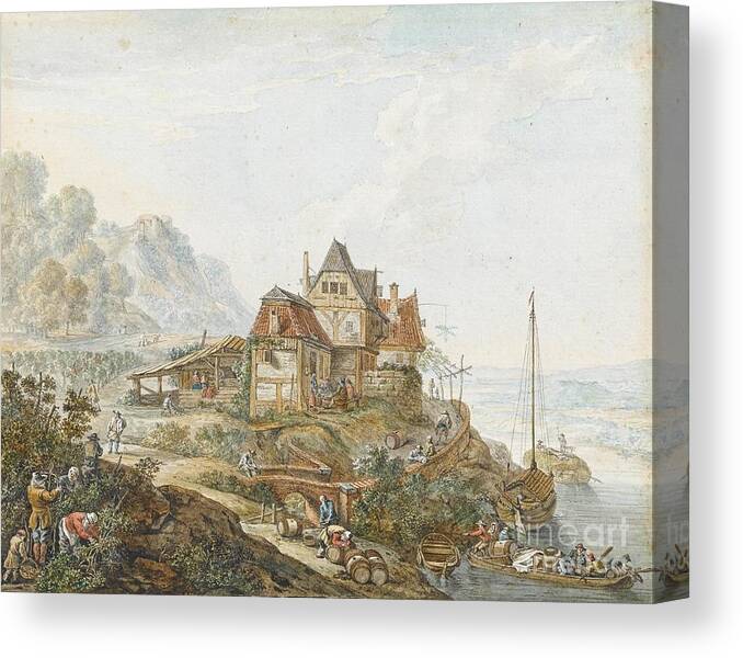Jacob Van Strij (dordrecht 1756 - Dordrecht 1815) Canvas Print featuring the painting A Rhine Landscape with Peasants at Work by MotionAge Designs