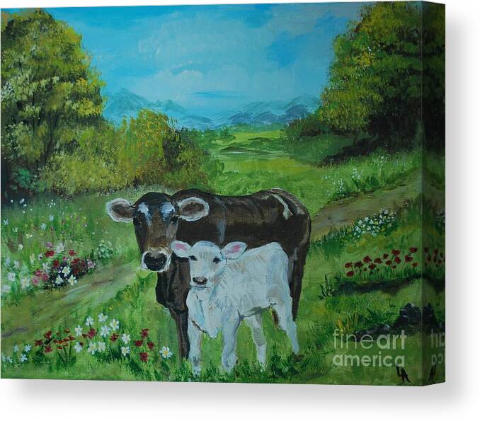Cow Canvas Print featuring the painting A Tender Love by Leslie Allen