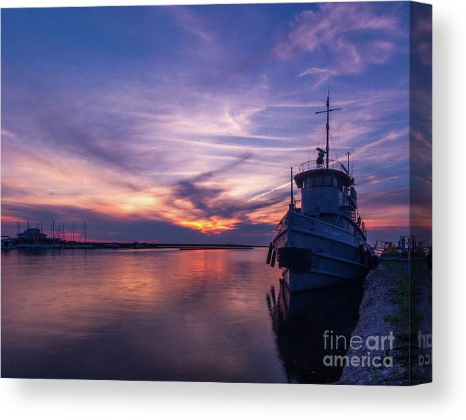 Water Canvas Print featuring the photograph A Tugboat Sunset by Rod Best