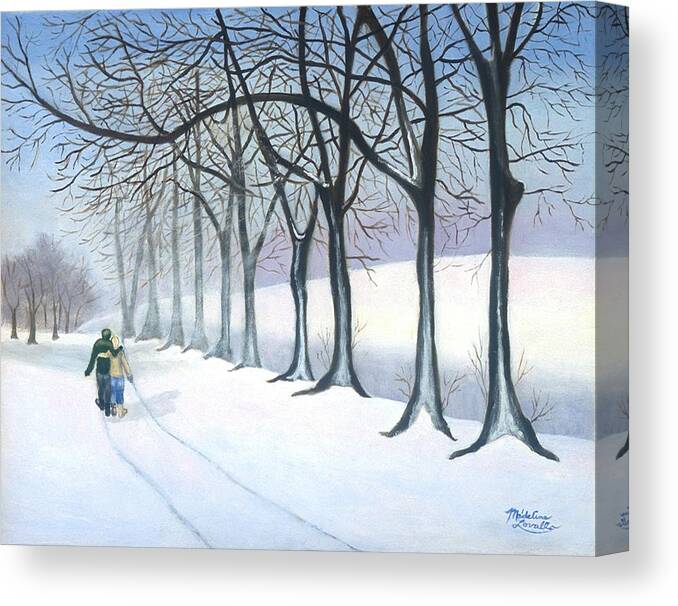 Winter Canvas Print featuring the painting A Walk In The Snow by Madeline Lovallo