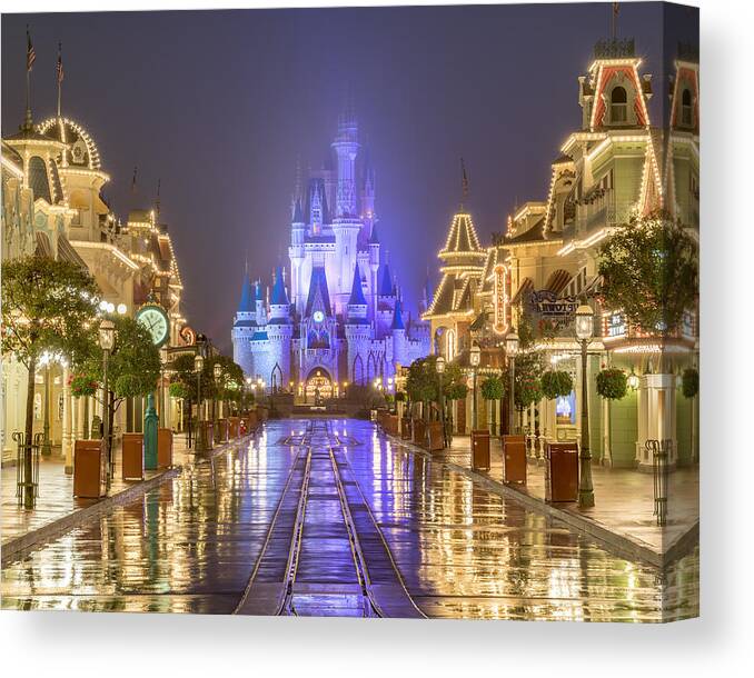 Walt Disney World Canvas Print featuring the photograph A wet night on Main Street USA by Wayne Wood