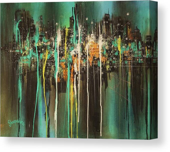 Semi-abstract; City Lights; City At Night; Tom Shropshire Paintings; Impressionistic; Night Lights; Cityscape; Urban Landscape Canvas Print featuring the painting Across The Bay by Tom Shropshire