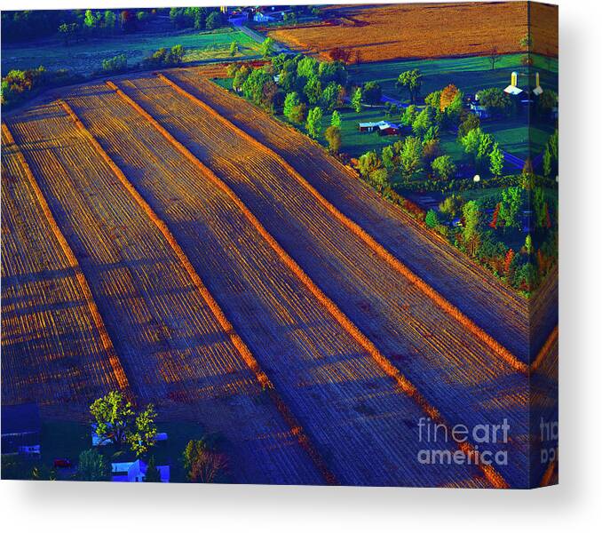 Aerial Canvas Print featuring the photograph Aerial Farm field harvested at sunset by Tom Jelen
