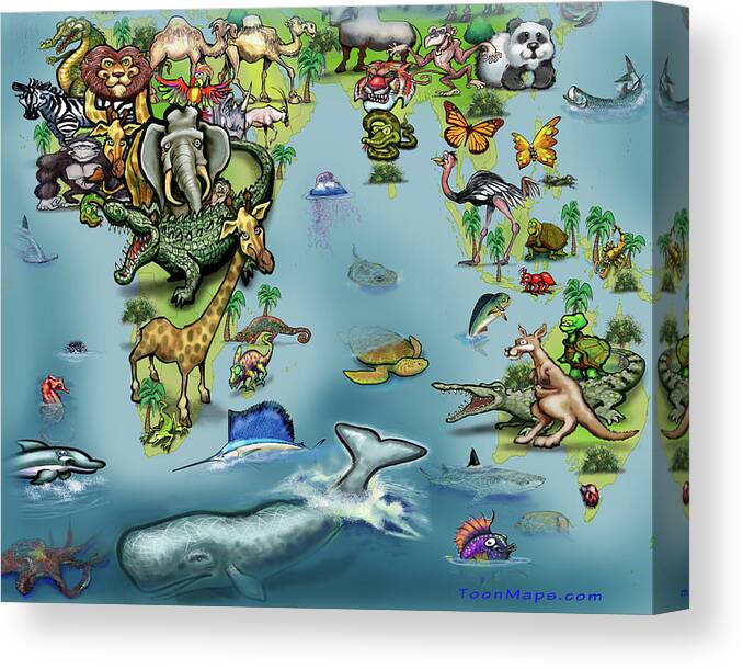 Africa Canvas Print featuring the digital art Africa Oceania Animals Map by Kevin Middleton