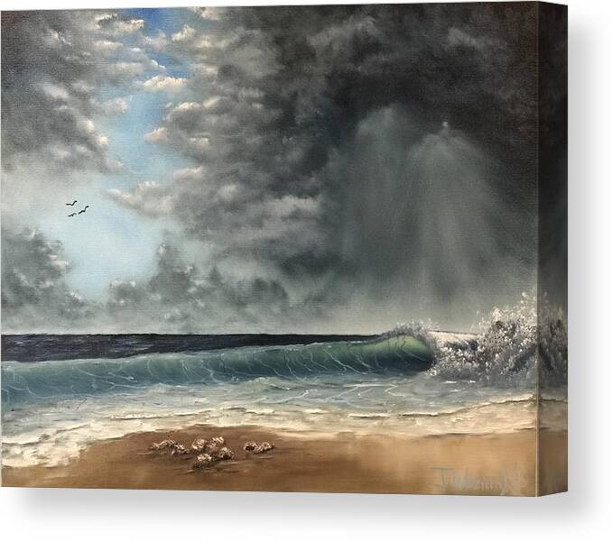 Seascape Ocean Water Sky Beach Wave Canvas Print featuring the painting After the storm by Justin Wozniak
