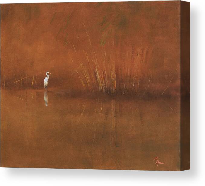 Egret Canvas Print featuring the painting Egret by Attila Meszlenyi