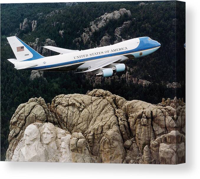 Mount Rushmore Canvas Print featuring the photograph Air Force One flying over Mount Rushmore by War Is Hell Store