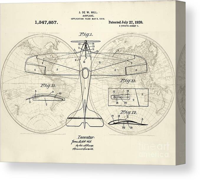 Airplane Canvas Print featuring the drawing Airplane patent collage by Delphimages Photo Creations