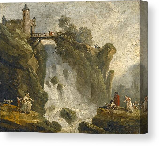 Hubert Robert Canvas Print featuring the painting An Artist sketching with other Figures beneath a Waterfall by Hubert Robert