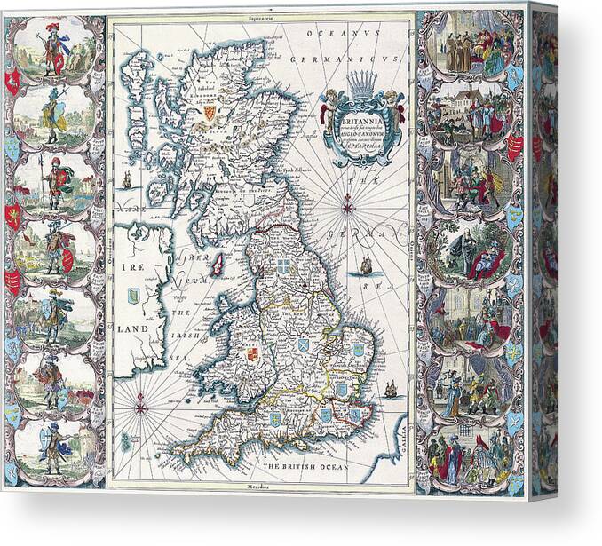 Antique Map Of British Isles Canvas Print featuring the drawing Antique Maps - Old Cartographic maps - Antique Anglo Saxon Map of The British Isles, 1676 by Studio Grafiikka