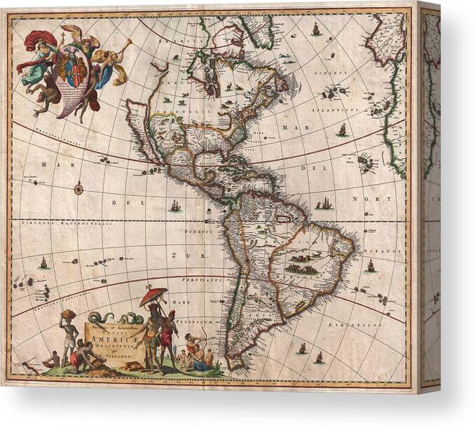 Antique Map Of North America Canvas Print featuring the drawing Antique Maps - Old Cartographic maps - Antique Map of North and South America, 1658 by Studio Grafiikka