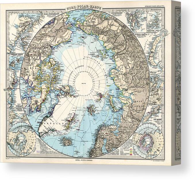 Antique Map Of The North Pole Canvas Print featuring the drawing Antique Maps - Old Cartographic maps - Antique Map of the North Pole and the Arctic Region by Studio Grafiikka