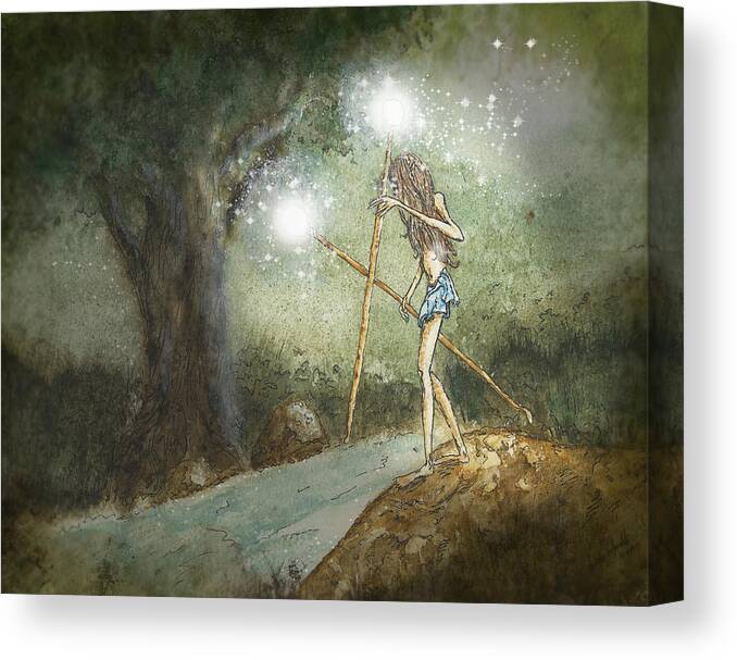 Fantasy Canvas Print featuring the mixed media Aryaz Elf on River's Edge by Laura Ostrowski