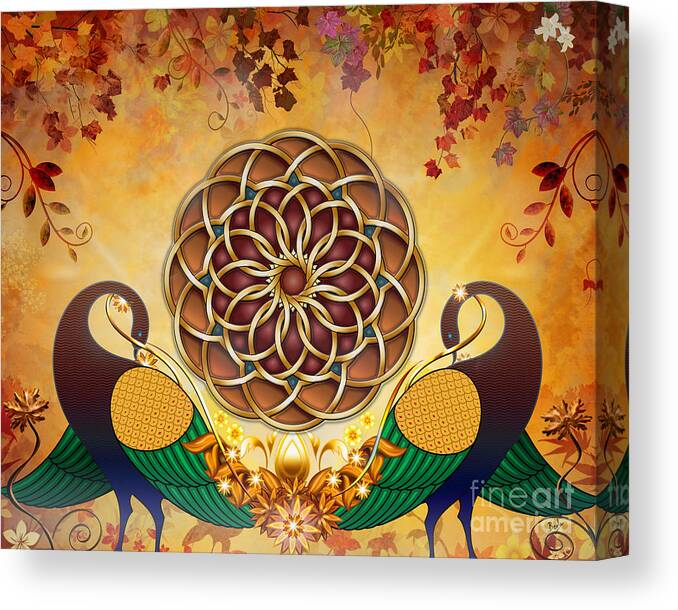 Mandala Canvas Print featuring the mixed media Autumn Serenade - Mandala Of The Two Peacocks by Peter Awax